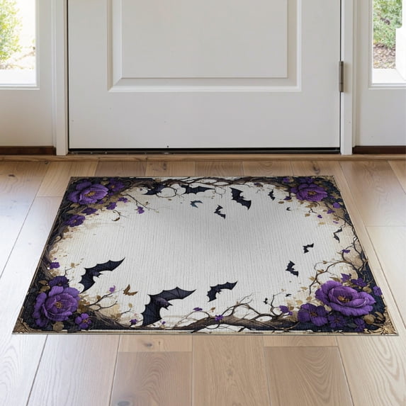 ODIKA 2'x3' Washable Doormat Non-Slip, Low Pile Purple Gothic Bat Halloween Flowers Boho Design with Ornate Floral Scrollwork for Entryway, Kitchen, Laundry Room