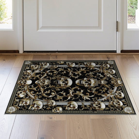 ODIKA 2'x3' Washable Doormat Non-Slip, Low Pile Skull Gothic Skeleton Damask Baroque Scroll Ornate Filigree Border for Entryway, Kitchen, Laundry Room