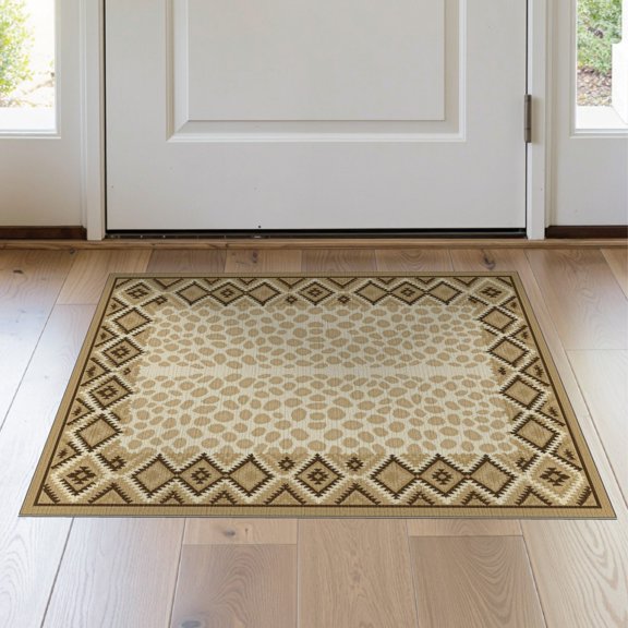 ODIKA 2'x3' Washable Doormat Non-Slip, Low Pile Spotted Southwestern Border Motif Abstract Inspired Patchwork Cow Flowing for Entryway, Kitchen, Laundry Room