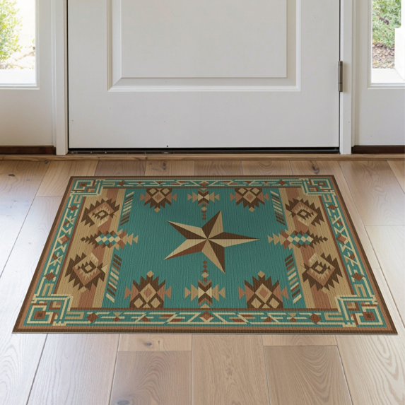 ODIKA 2'x3' Washable Doormat Non-Slip, Low Pile Teal Southwestern Stars Farmhouse Terracotta Round Distressed for Entryway, Kitchen, Laundry Room