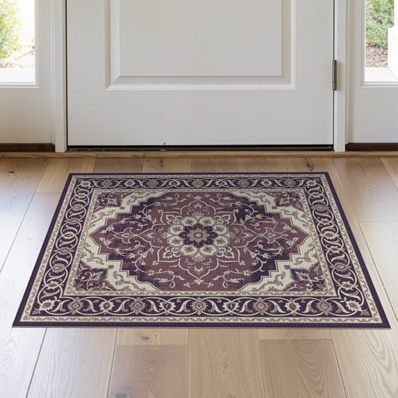 ODIKA 2'x3' Washable Doormat Non-Slip, Low Pile Vintage Border Tracery Pink Mauve Boho Purple Distressed Plum Playful Expressive for Entryway, Kitchen, Laundry Room