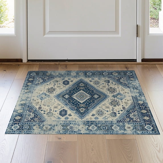 ODIKA 2'x3' Washable Doormat Non-Slip, Low Pile Vintage Distressed Medallion Diamond Lattice Geometric Border for Entryway, Kitchen, Laundry Room