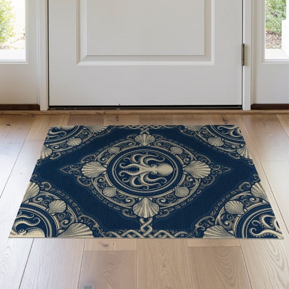 ODIKA 2'x3' Washable Doormat Non-Slip, Low Pile Vintage Maritime Cephalopod Motif Interlocking Nautical Octopus for Entryway, Kitchen, Laundry Room