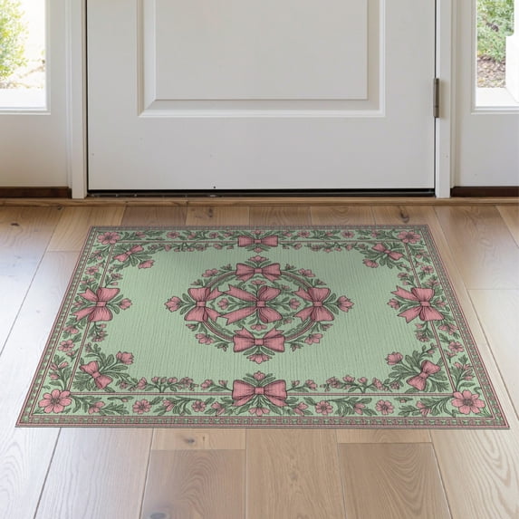 ODIKA 2'x3' Washable Doormat Non-Slip, Low Pile Vintage Ribbon Center Delicate Border Scroll Boho Pink Coquette Refined for Entryway, Kitchen, Laundry Room