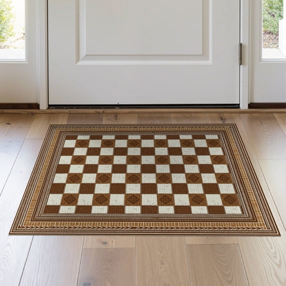 ODIKA 2'x3' Washable Doormat Non-Slip, Low Pile Waffle Repeating Alternating Distressed Motif Earthy Tweed Durable for Entryway, Kitchen, Laundry Room