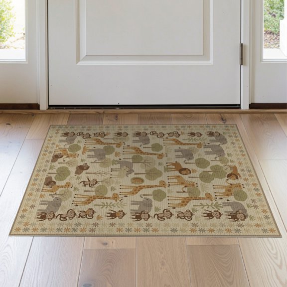 ODIKA 2'x3' Washable Doormat Non-Slip, Low Pile Zoo Tone Wildlife Groups Elephants Monkeys Giraffes Classroom for Entryway, Kitchen, Laundry Room