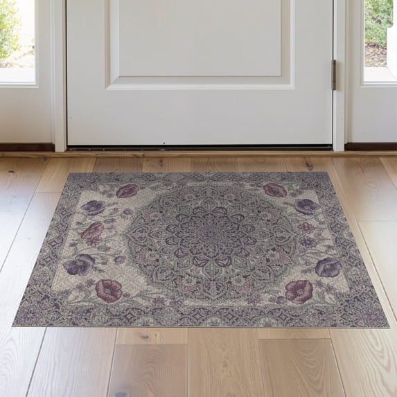 ODIKA 2'x3' Washable Doormat Purple Bug Eggplant Symmetrical Center Trailing Motif Boho Poppy for Entryway, Kitchen, Laundry Room, Non-Slip, Low Pile