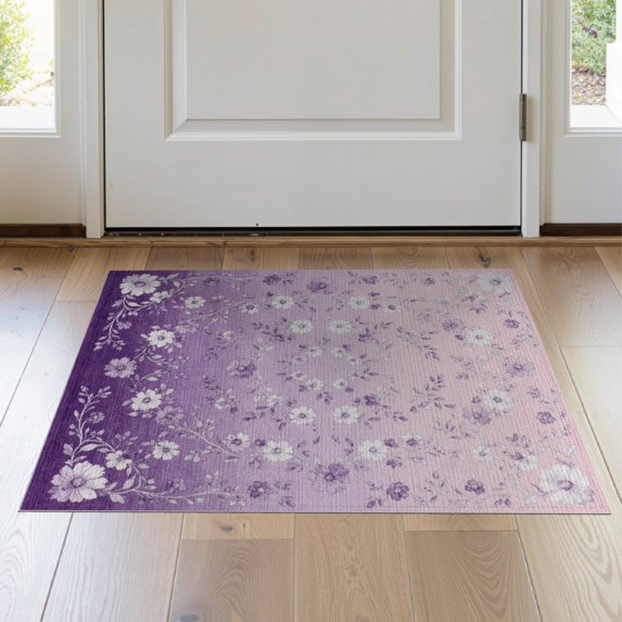 ODIKA 2'x3' Washable Doormat Purple Pink Gradient Ombre Pastel Scatter Vine Furry Quilted for Entryway, Kitchen, Laundry Room, Non-Slip, Low Pile