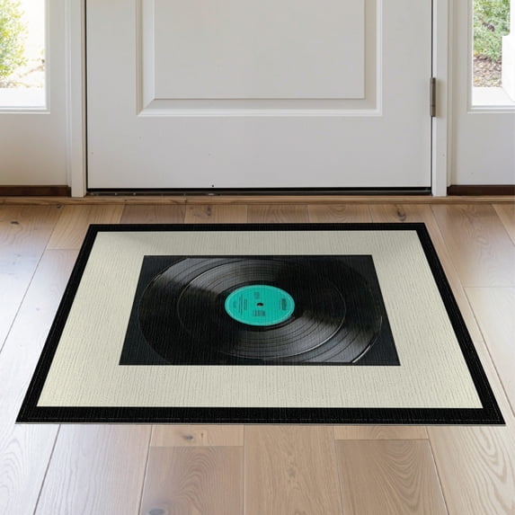 ODIKA 2'x3' Washable Doormat Record Vintage Vinyl Music Abstract Grooves Bold Border Shaped for Entryway, Kitchen, Laundry Room, Non-Slip, Low Pile
