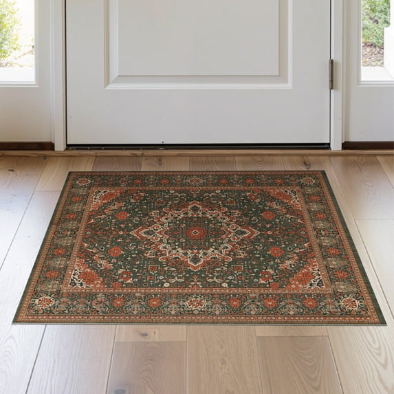 ODIKA 2'x3' Washable Doormat Vintage Abstract Distressed Scrollwork Medallion Terracotta Border for Entryway, Kitchen, Laundry Room, Non-Slip, Low Pile