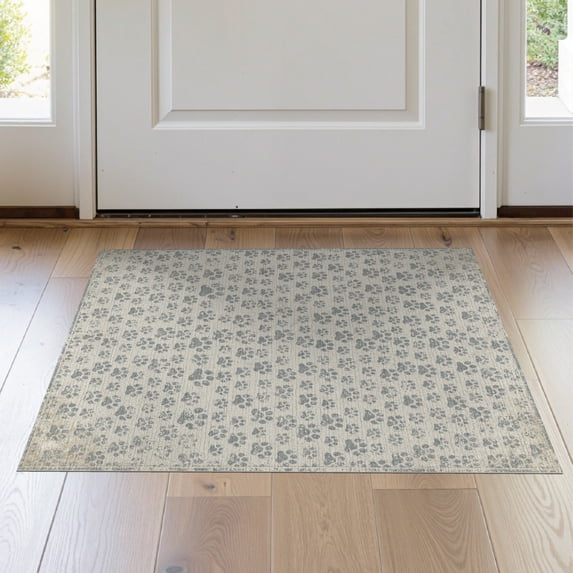 ODIKA 2'x3' Washable Doormat Vintage Distressed Track Motif Patterned Tossed Bone Border Print Flowing for Entryway, Kitchen, Laundry Room, Non-Slip, Low Pile