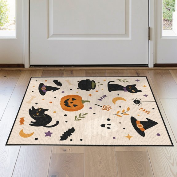 ODIKA 2'x3' Washable Samll Area Rug Non-Slip, Low Pile Beige Halloween Cats and Ghosts Playful Spooky Motifs with Pumpkins Bats for Entryway, Kitchen, Laundry Room