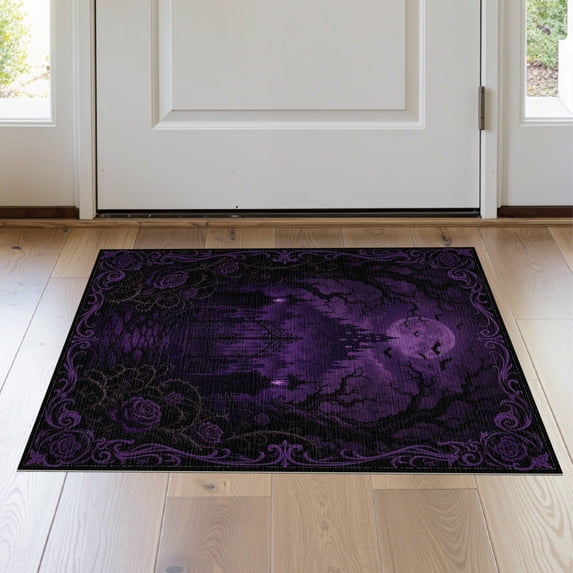 ODIKA 2'x3' Washable Samll Area Rug Non-Slip, Low Pile Dark Purple Gothic Castle Scene Intricate Nighttime Motif with Roses for Entryway, Kitchen, Laundry Room