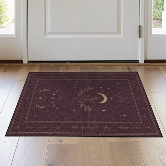 ODIKA 2'x3' Washable Samll Area Rug Non-Slip, Low Pile Gold Burgundy Celestial Moon Design Mystical Botanical and Star Motif for Entryway, Kitchen, Laundry Room
