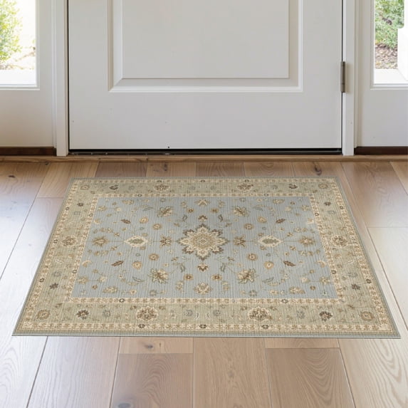 ODIKA 2'x3' Washable Samll Area Rug Non-Slip, Low Pile Light Blue Floral Medallion Design Elegant Botanical Motif with Ornate Borders for Entryway, Kitchen, Laundry Room