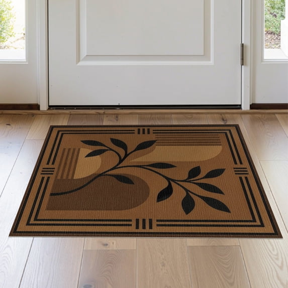 ODIKA 2'x3' Washable Samll Area Rug Tan Rich Espresso Geometric Botanical Design Elegant Symmetry with Leaf Motifs for Entryway, Kitchen, Laundry Room, Non-Slip, Low Pile