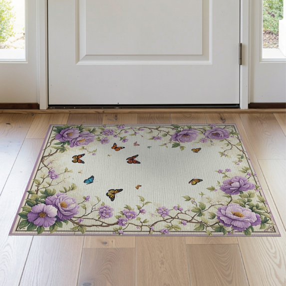 ODIKA 2'x3' Washable Throw Rug Bathtub Shower Vintage Butterfly Delicate Botanical Border Backing for Hallway, Study Room, Non-Slip Low Profile, Flatwoven