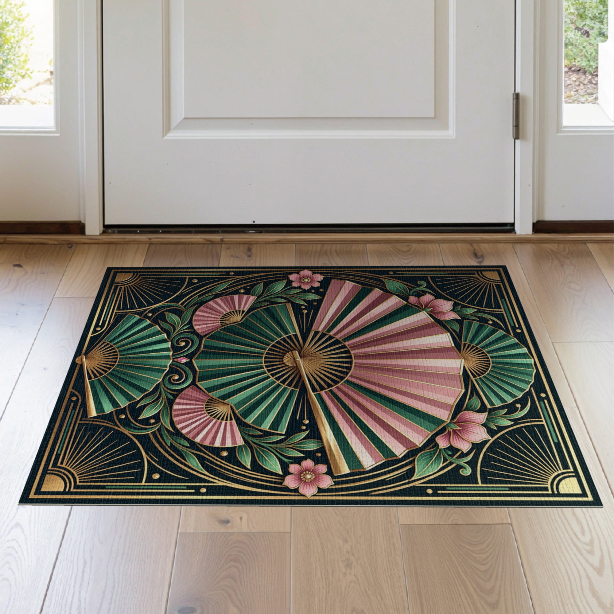ODIKA 2'x3' Washable Throw Rug Black Art Nouveau with Sunburst Fan ...