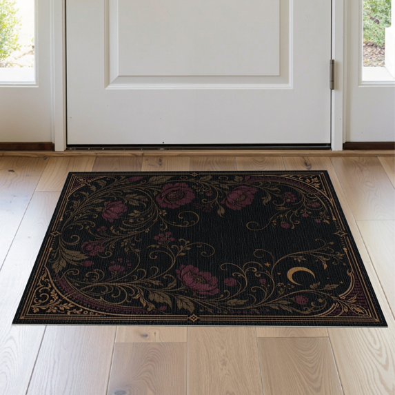 ODIKA 2'x3' Washable Throw Rug Black Gold Floral Design Elegant Botanical Motif with Moon for Hallway, Study Room, Non-Slip Low Profile, Flatwoven
