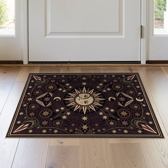ODIKA 2'x3' Washable Throw Rug Black Purple Round Celestial Design Vintage Sun Moon Motif with Gothic Borders for Hallway, Study Room, Non-Slip Low Profile, Flatwoven