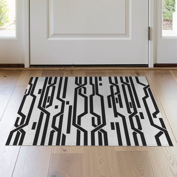 ODIKA 2'x3' Washable Throw Rug Black White Corridor Alfombras Para Habitacion Interlocking Stripes with Abstract for Hallway, Study Room, Non-Slip Low Profile, Flatwoven