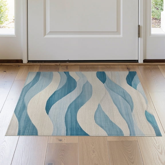 ODIKA 2'x3' Washable Throw Rug Blue Waves Serene Flow Design Wave Elegant Motif with Subtle Color Transitions for Hallway, Study Room, Non-Slip Low Profile, Flatwoven