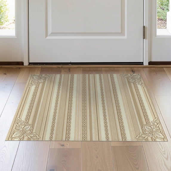 ODIKA 2'x3' Washable Throw Rug Boho Alternating Cream Band Interlocking Muted Tone Vintage Beige for Hallway, Study Room, Non-Slip Low Profile, Flatwoven