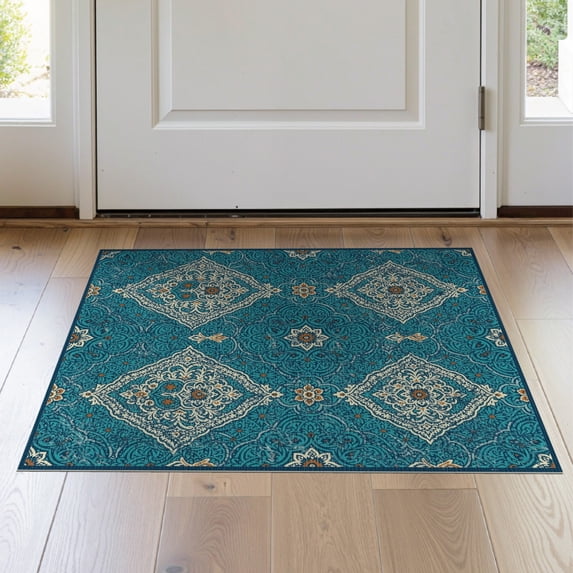 ODIKA 2'x3' Washable Throw Rug Boho Scroll Motif Interlocking Panels Traditional Decorative Framework for Hallway, Study Room, Non-Slip Low Profile, Flatwoven