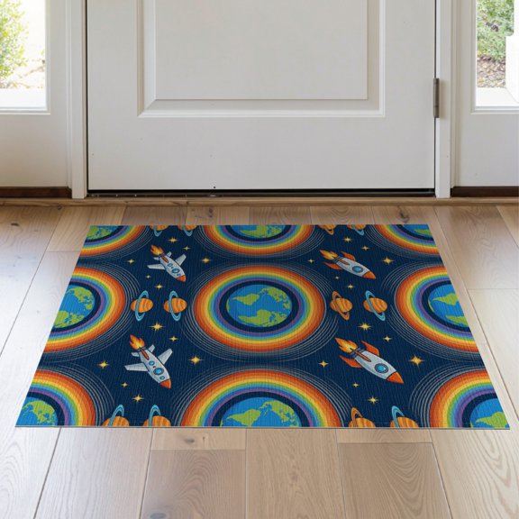 ODIKA 2'x3' Washable Throw Rug Cartoon Border Educational Motifs Galaxy Constellation Rocket Plane Refined for Hallway, Study Room, Non-Slip Low Profile, Flatwoven