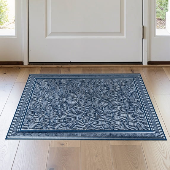 ODIKA 2'x3' Washable Throw Rug Door Nautical Beachy Wave Motif Frame Front Layered Welcome Striped Refined for Hallway, Study Room, Non-Slip Low Profile, Flatwoven