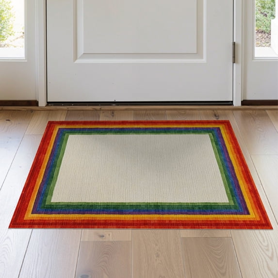 ODIKA 2'x3' Washable Throw Rug Doormat Door Symmetrical Welcome Motif Lgbt Striped Bold Interlocking for Hallway, Study Room, Non-Slip Low Profile, Flatwoven