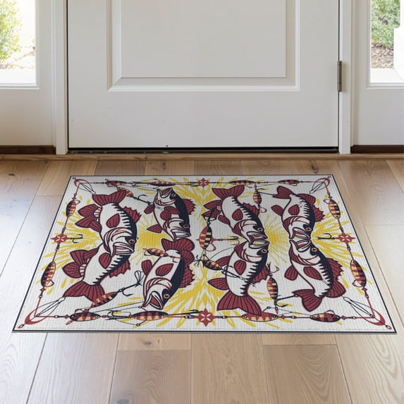 ODIKA 2'x3' Washable Throw Rug Fishing Bass Splash Lure Bold Outlined Reel Tackle Motif Fish Flowing Dynamic for Hallway, Study Room, Non-Slip Low Profile, Flatwoven