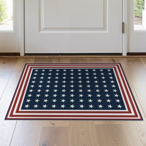 ODIKA 2'x3' Washable Throw Rug Independence Door Patriotic Stripe Border Welcome Striped July Flowing Dynamic for Hallway, Study Room, Non-Slip Low Profile, Flatwoven