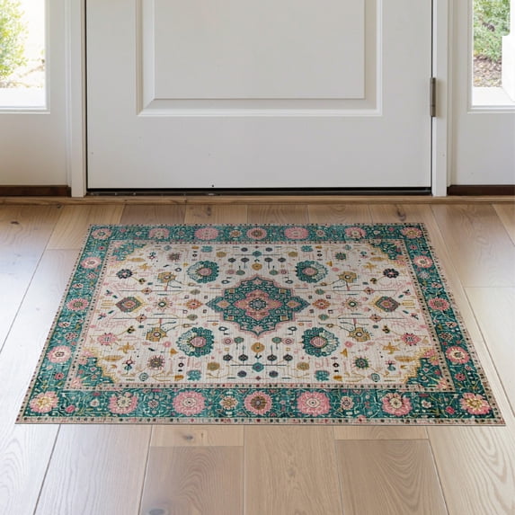 ODIKA 2'x3' Washable Throw Rug Mid Century Geometric Ornate Border Hallway Teal Oushak Coastalbeach for Study Room, Non-Slip Low Profile, Flatwoven