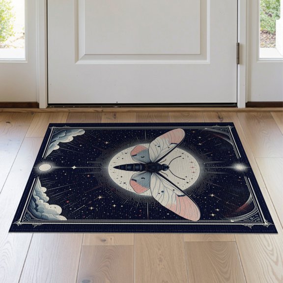 ODIKA 2'x3' Washable Throw Rug Moth Shaped Gothic Mystical Border Whimsical Round Witchy Motif for Hallway, Study Room, Non-Slip Low Profile, Flatwoven