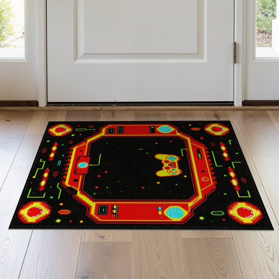 ODIKA 2'x3' Washable Throw Rug Non-Slip, Low Profile, Flatwoven, Easy Care Alfombra Gamer Glowing Gamepad Motif Border Cracked Field Burst for Hallway, Study Room
