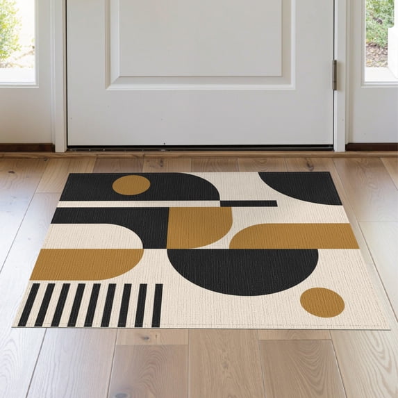 ODIKA 2'x3' Washable Throw Rug Non-Slip, Low Profile, Flatwoven, Easy Care Black Gold Geometric Balance Artistic Design Elegant Abstract Shapes with Refined for Hallway, Study Room