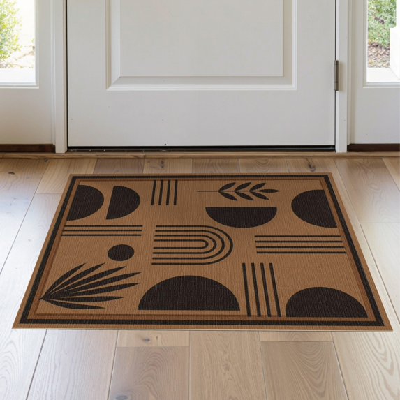 ODIKA 2'x3' Washable Throw Rug Non-Slip, Low Profile, Flatwoven, Easy Care Brown Earthy Geometric and Botanical Design Elegant Shapes with Natural Leaf Motifs for Hallway, Study Room
