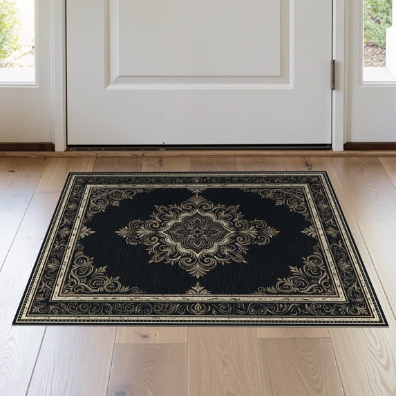ODIKA 2'x3' Washable Throw Rug Non-Slip, Low Profile, Flatwoven, Easy Care Farmhouse Speckled Featuring Traditional Scroll Desk Dining Under for Hallway, Study Room