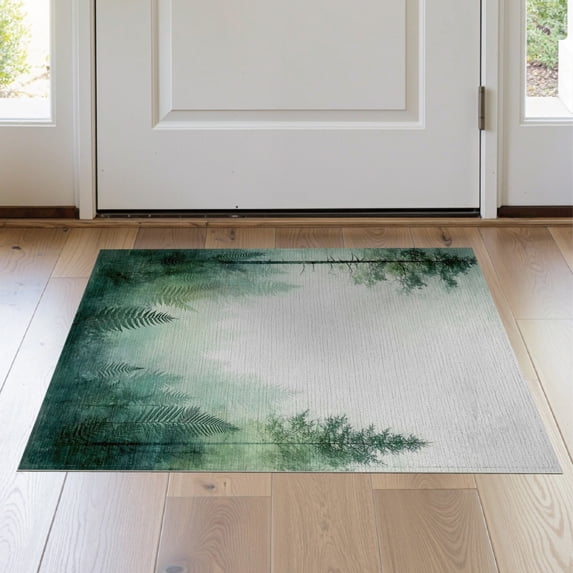 ODIKA 2'x3' Washable Throw Rug Non-Slip, Low Profile, Flatwoven, Easy Care Farmhouse Watercolor Forest Hardwood Long Skid Delicate Fern Accents with Vertical Botanical for Hallway, Study Room