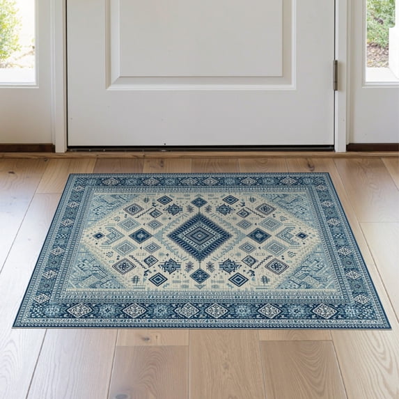 ODIKA 2'x3' Washable Throw Rug Non-Slip, Low Profile, Flatwoven, Easy Care Front Boho Door Geometric Ru Tasseled Border Motifs Entrance for Hallway, Study Room