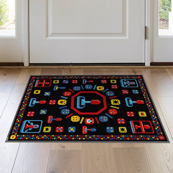 ODIKA 2'x3' Washable Throw Rug Non-Slip, Low Profile, Flatwoven, Easy Care Gamer Dice Motif Arcade Symbols Pixel Frame Alfombra Video for Hallway, Study Room