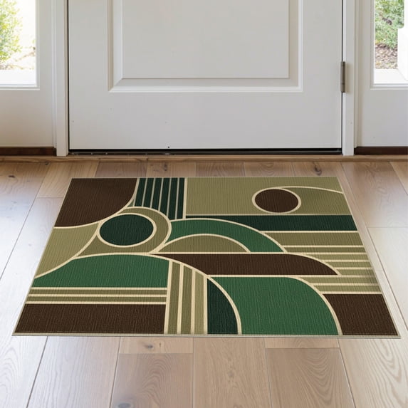 ODIKA 2'x3' Washable Throw Rug Non-Slip, Low Profile, Flatwoven, Easy Care Green Brown Geometric Elegance with Art Circular and Motifs Blend in for Hallway, Study Room