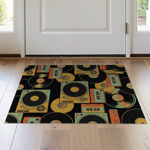 ODIKA 2'x3' Washable Throw Rug Non-Slip, Low Profile, Flatwoven, Easy Care Record School Vinyl Music Theme Analog Sound Graphic Player Dj for Hallway, Study Room