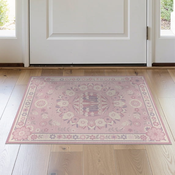 ODIKA 2'x3' Washable Throw Rug Non-Slip, Low Profile, Flatwoven, Easy Care Round Traffic Storybook Whimsical Carousel Transitional Scallop Banded for Hallway, Study Room