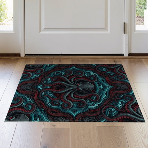 ODIKA 2'x3' Washable Throw Rug Non-Slip, Low Profile, Flatwoven, Easy Care Rum Gothic Doormat Nautical Cephalopod Stormy Waves Eerie Deep for Hallway, Study Room