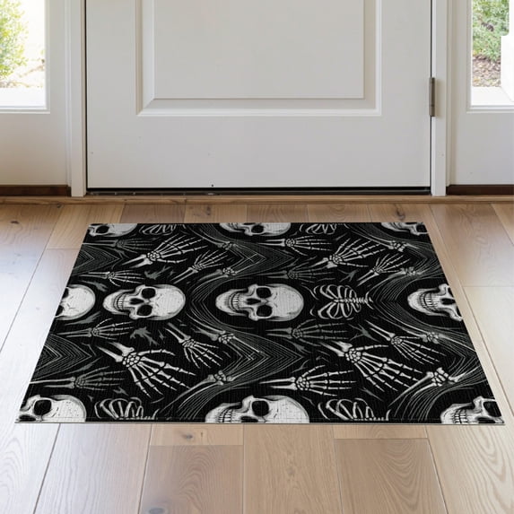 ODIKA 2'x3' Washable Throw Rug Non-Slip, Low Profile, Flatwoven, Easy Care Skull Horror Toss Vintage Distressed Skeleton Gothic Ghost Refined for Hallway, Study Room