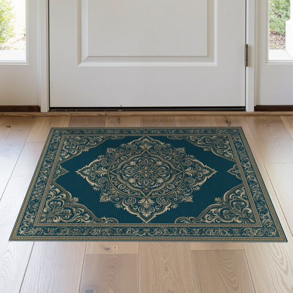 ODIKA 2'x3' Washable Throw Rug Non-Slip, Low Profile, Flatwoven, Easy Care Teal Boho Bug Intricate Motif Symmetrical Framing Turquoise for Hallway, Study Room