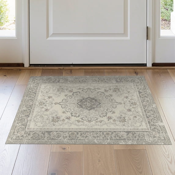 ODIKA 2'x3' Washable Throw Rug Non-Slip, Low Profile, Flatwoven, Easy Care Vintage Grey Distressed Ornamental Border Scrollwork Boho Large Flowing Dynamic for Hallway, Study Room