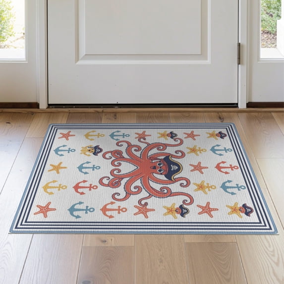 ODIKA 2'x3' Washable Throw Rug Octopus Koi Cheerful Hat Ocean Eight Starfish Cartoon Pirate for Hallway, Study Room, Non-Slip Low Profile, Flatwoven